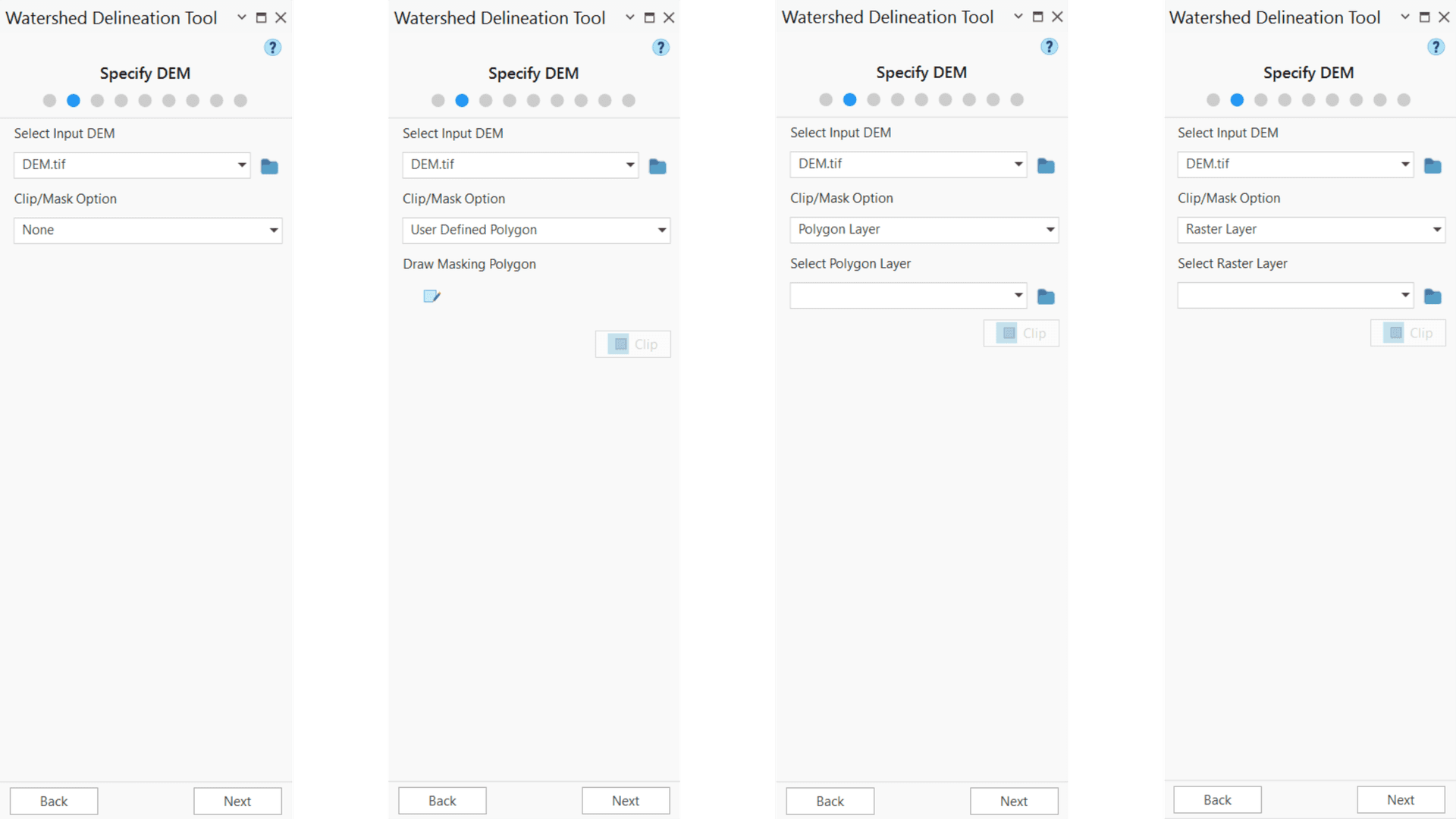 Figure 6.6 : Different Clipping options for DEM