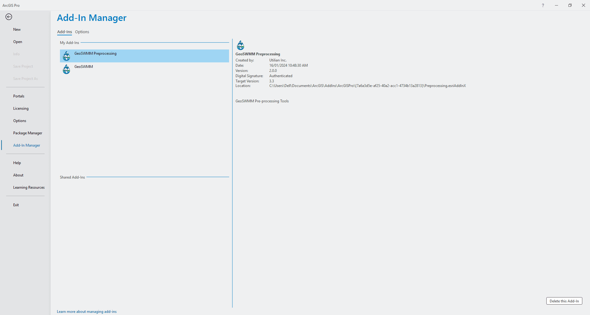 Fig 2: GeoSWMM Add-In