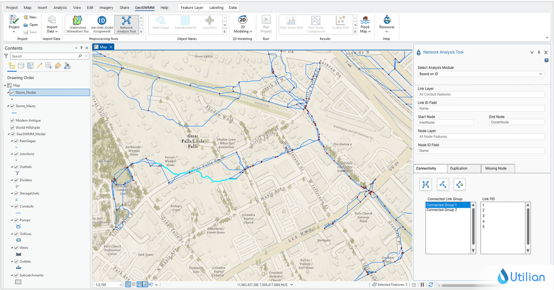GeoSWMM stormwater network connectivity check and QA/QC in ArcGIS Pro showing link and node validation results.