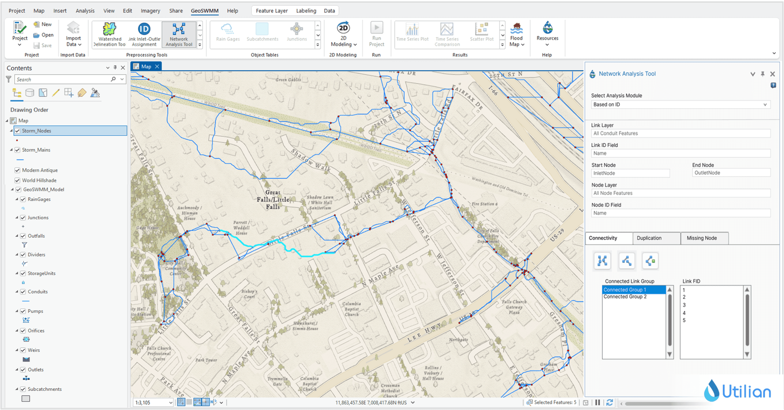 GeoSWMM stormwater network connectivity check and QA/QC in ArcGIS Pro showing link and node validation results.
