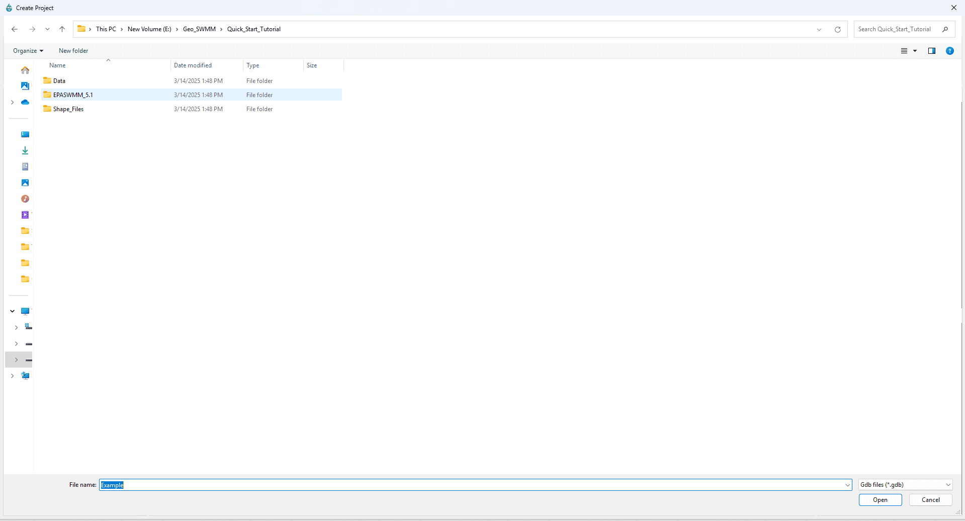 Fig 7: New geodatabase file creation for a GeoSWMM project