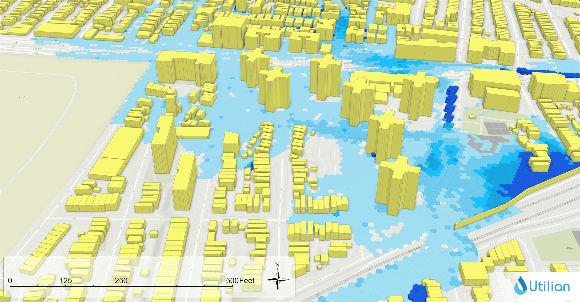 Visualization of a 2D urban flood inundation map created with GeoSWMM in ArcGIS Pro, showing flood extents and impacted buildings.