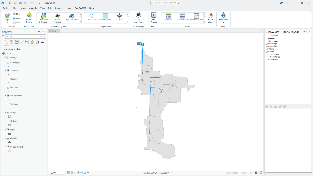 T3_Figure 2.3: GeoSWMM Project Geodatabase in ArcGIS Pro for Tutorial 03