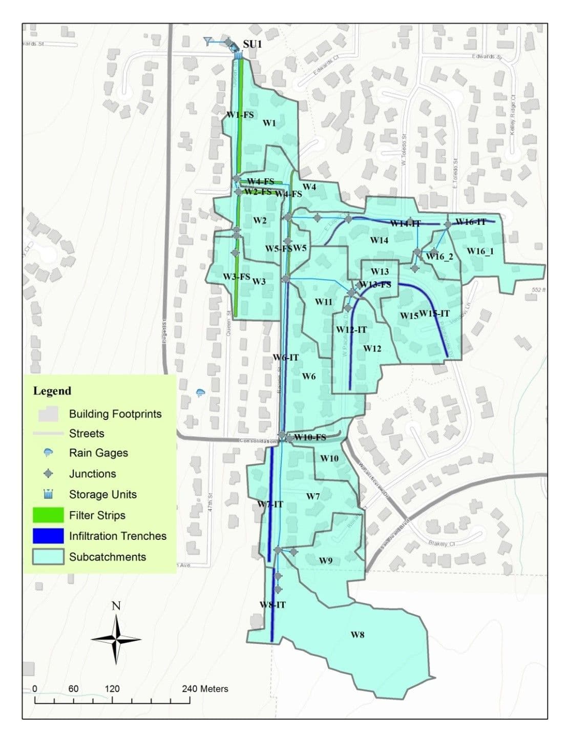 Figure 2.1: Developed site with LIDs and detention pond