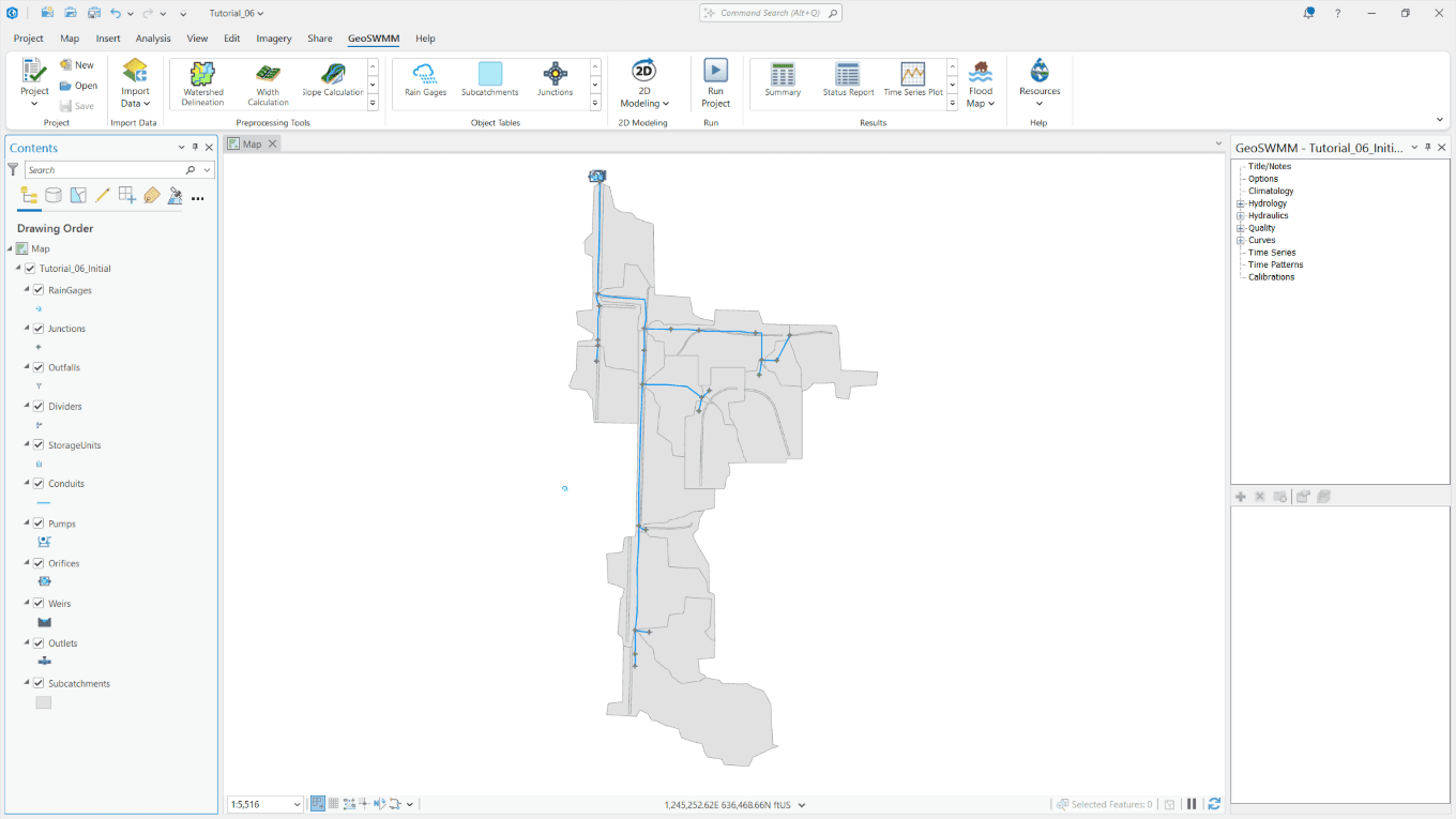Figure 2.3: GeoSWMM Project Geodatabase in ArcGIS Pro for Initial Scenario