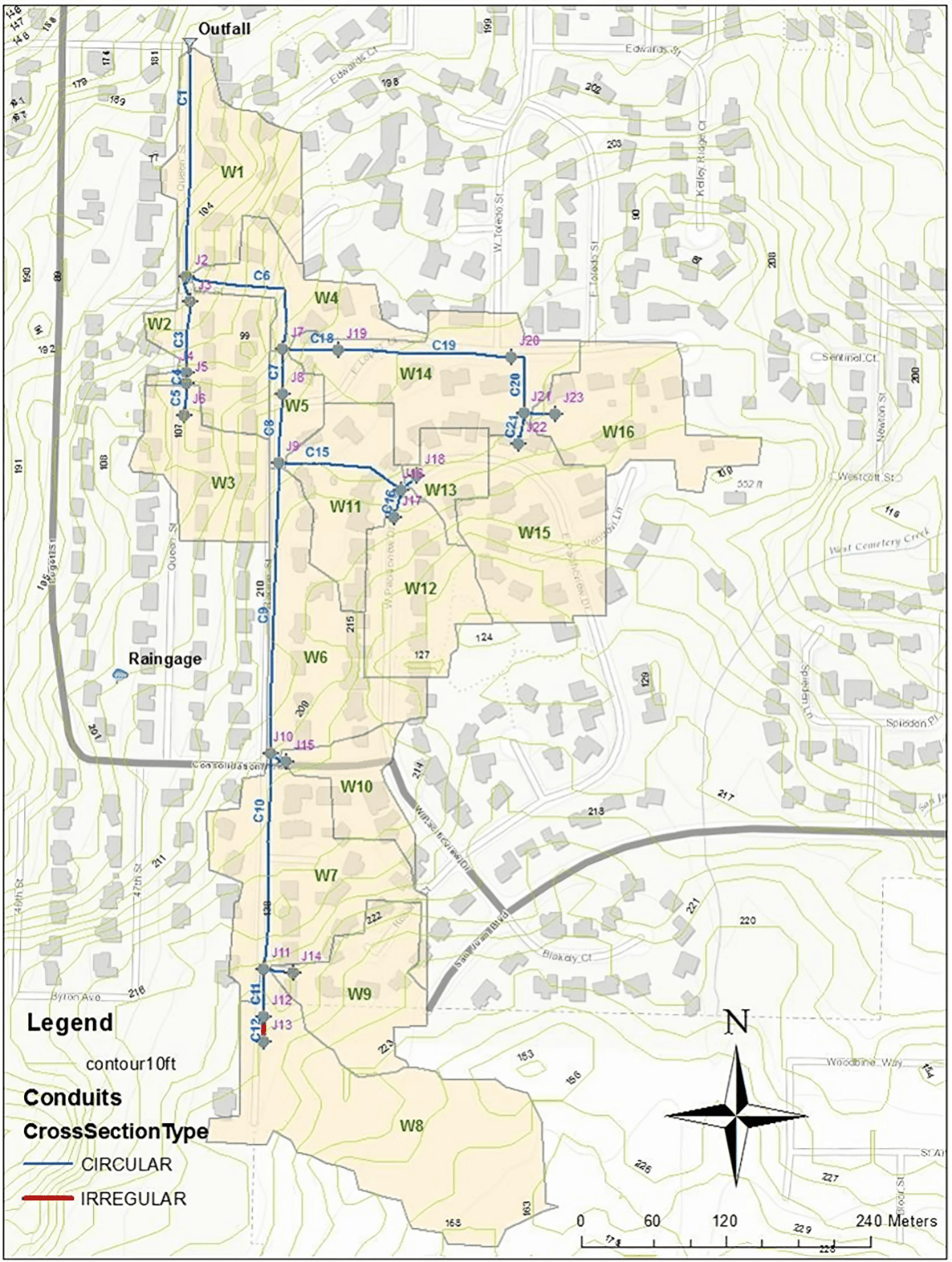 T9_Figure 2.1 : Conveyance network and subcatchment layout.png